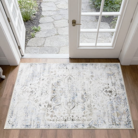 2x3 Area Rug Washable Entryway Distressed Small Rug, Vintage Boho Oriental Front Door Mat, Non-Slip Rubber Backing Stain Resistant Floor Mat for Entrance, Bathroom, Kitchen, Hallway.