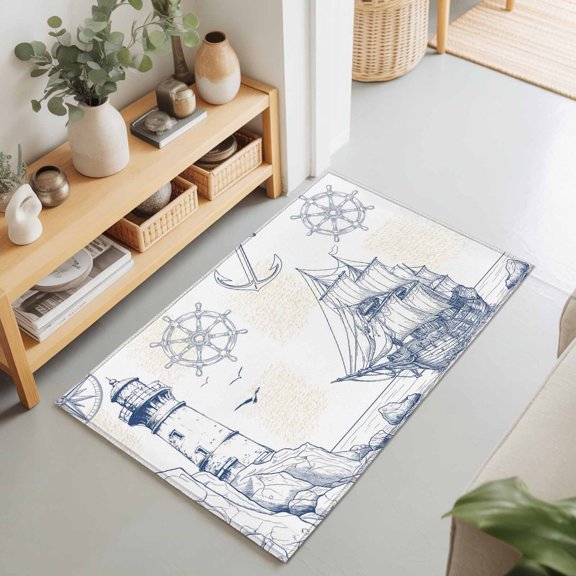 2x3 Lighthouse Small Area Rug for Entryway, Washable Non Slip Low Pile Soft Indoor Rug for Kitchen Bathroom Bedside, Nautical Sailing Boat Anchor Accent Rug