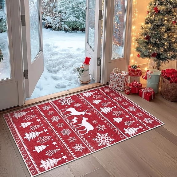 2x3 Machine Washable Christmas Round Area Rug, Non-Slip Vintage Floral Circle Floor Rugs for Kids, Low Pile Room Carpet for Living Room, Bedroom, Dining Room & Nursery(2x3 Elk)