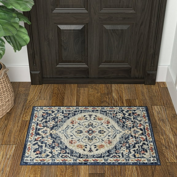 Bliss Rugs Traditional Indoor Doormat Medallion Floor Mat for Entrance, Indoor Door Mat | Navy, 2' x 3'