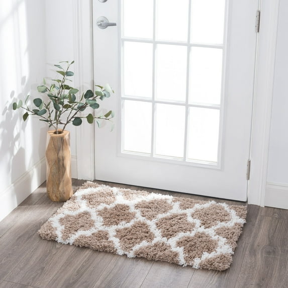 Jersey Shag Transitional Geometric Tan and White Polypropylene Indoor Area Rug, 2'x3' Rectangle