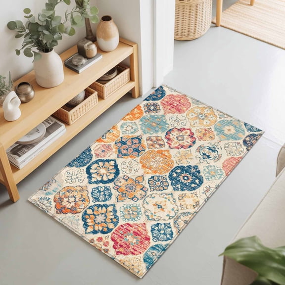 2x3 Morocco Boho Small Area Rug for Entryway, Washable Non Slip Low Pile Soft Indoor Rug for Kitchen Bathroom Bedside, Ethnic Bohemian Texture Accent Rug