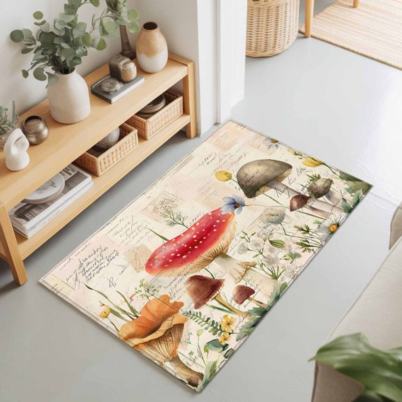 2x3 Mushroom Floral Small Area Rug for Entryway, Washable Non Slip Low Pile Soft Indoor Rug for Kitchen Bathroom Bedside, Spring Flowers Leaf Retro Accent Rug