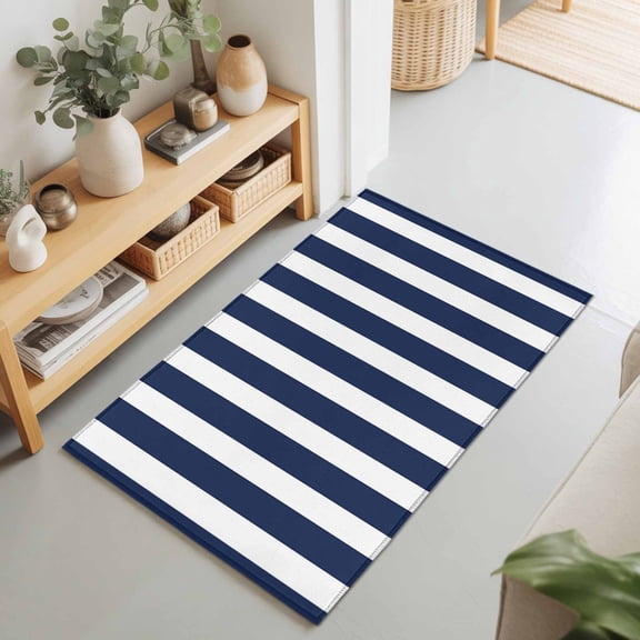 2x3 Navy Blue Stripes Small Area Rug for Entryway, Washable Non Slip Low Pile Soft Indoor Rug for Kitchen Bathroom Bedside, Blue Vertical Striped Accent Rug