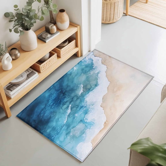 2x3 Ocean Waves Small Area Rug for Entryway, Washable Non Slip Low Pile Soft Indoor Rug for Kitchen Bathroom Bedside, Blue Coastal Beach Accent Rug
