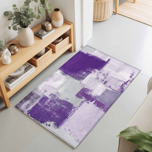 2x3 Purple Gray Block Small Area Rug for Entryway, Washable Non Slip Low Pile Soft Indoor Rug for Kitchen Bathroom Bedside, Abstract Art Accent Rug