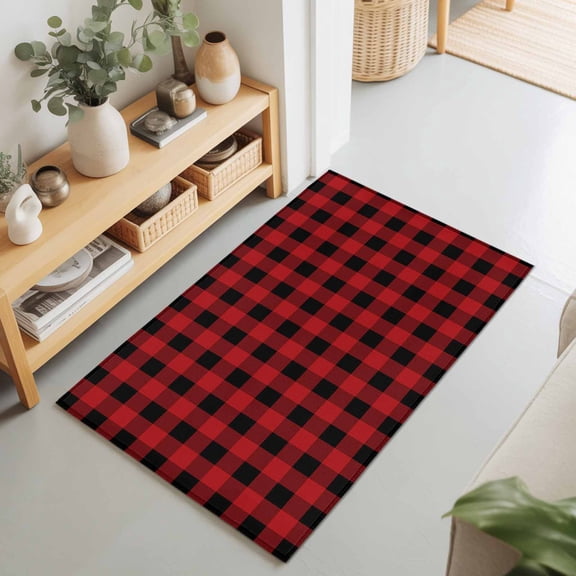 2x3 Red Black Plaid Small Area Rug for Entryway, Washable Non Slip Low Pile Soft Indoor Rug for Kitchen Bathroom Bedside, Buffalo Check Geometric Checker Pattern Accent Rug
