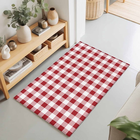 2x3 Red White Plaid Small Area Rug for Entryway, Washable Non Slip Low Pile Soft Indoor Rug for Kitchen Bathroom Bedside, Buffalo Check Geometric Accent Rug