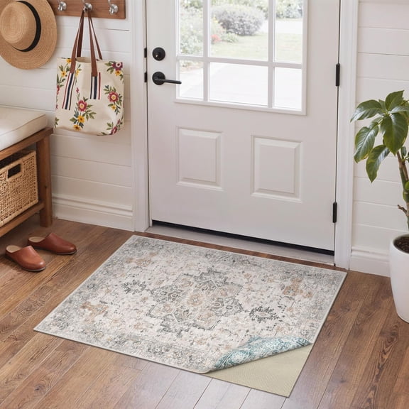 2x3 Reversible Door Mat for Entryway, Machine Washable Non Slip Vintage Rugs, Soft Print Rug for Hallway, Corridor, Home, Office, Kitchen, Taupe & Blue