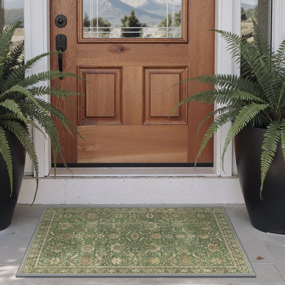 DEORAB 2x3 Area Rugs Persian Olive Green Low Pile Lightweight Machine Washable Non Slip Door Mat for Kitchen, Entryway, Front Door