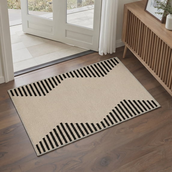 2x3 Rug Kitchen Rugs Non Slip Washable, Low Pile Indoor Doormat for Entryway, Front Door, Kitchen, Bathroom and Corridor, Black Stripes, Beige Black