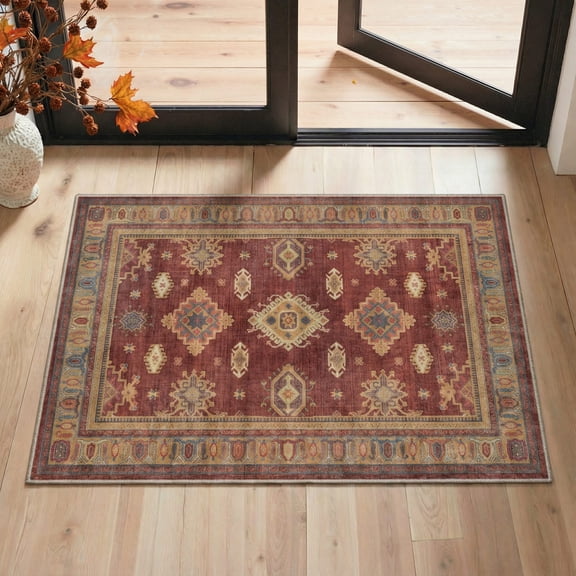 2x3 Rug Non Slip Kitchen Rugs, Machine Washable Low Pile Indoor Doormat for Entryway, Front Door, Bathroom and Corridor Floor Mat, Star, Ruby