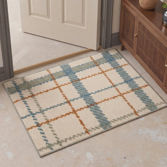 2x3 Rug Plaid Print Pattern Low Pile Non Slip Backing, Machine Washable Light Weight Indoor Doormat for Entryway Kitchen Entrance Front Door Bathroom, Plaid Ivory