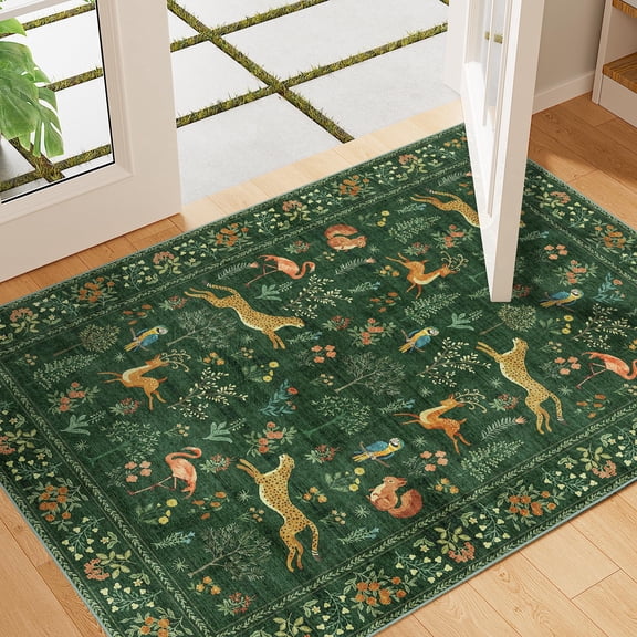 2x3 Rug Washable Animal Rugs For Entryway Non Slip Indoor Door Mat Soft Low Pile Small Area Carpet Entrance Bedroom Kitchen Laundry Bathroom Green