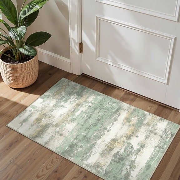 2x3 Rugs for Entryway Entrance Kitchen Bathroom, Machine Washable Modern Abstract Soft Area Rug, Low Pile Indoor Floor Carpet with Non Slip Backing, Light Green