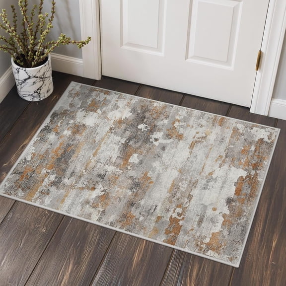 2x3 Rugs for Entryway Entrance, Modern Machine Washable Rug Ultra Soft Indoor Area Rugs 2x3 for Bedroom Kitchen Bathroom, Lightweight Low Pile Carpet with Non Slip Backing, Grey Brown Beige