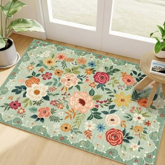 2x3 Rugs for Entryway, Floral Indoor Washable Front Door Mat, Non Slip Boho Small Carpet, Soft Low Pile Throw Rug for Entrance, Bedroom, Kitchen, Laundry, Bathroom, Green