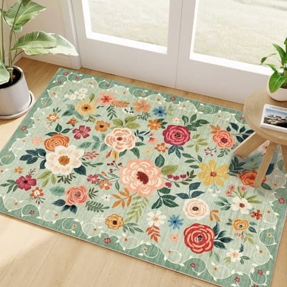 2x3 Rugs for Entryway, Floral Indoor Washable Front Door Mat, Non Slip Boho Small Carpet, Soft Low Pile Throw Rug for Entrance, Bedroom, Kitchen, Laundry, Bathroom, Green