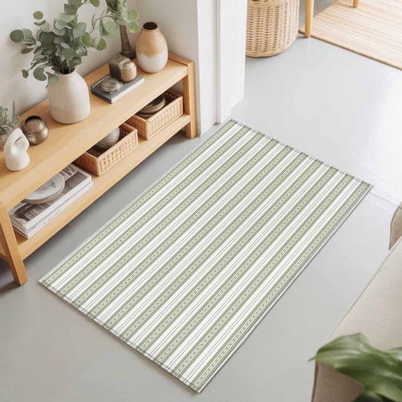 2x3 Sage Green Stripe Small Area Rug for Entryway, Washable Non Slip Low Pile Soft Indoor Rug for Kitchen Bathroom Bedside, Classic Striped Accent Rug