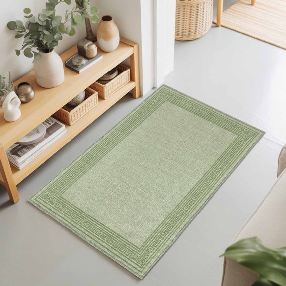 2x3 Sage Green Vintage Small Area Rug for Entryway, Washable Non Slip Low Pile Soft Indoor Rug for Kitchen Bathroom Bedside, Abstract Art Linen Green Greek Key Accent Rug