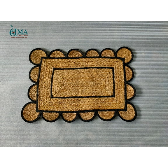 2x3 Scalloped Jute Doormat Rug , Scallop Rag Rug Doormat with Black Outlines