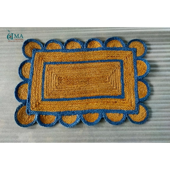 2x3 Scalloped Jute Doormat Rug , Scallop Rag Rug Doormat with Blue Outlines