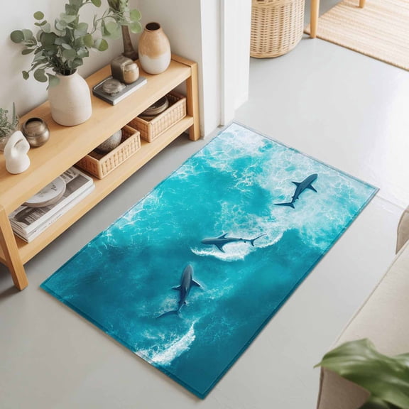 2x3 Shark Small Area Rug for Entryway, Washable Non Slip Low Pile Soft Indoor Rug for Kitchen Bathroom Bedside, Blue Summer Ocean Waves Accent Rug