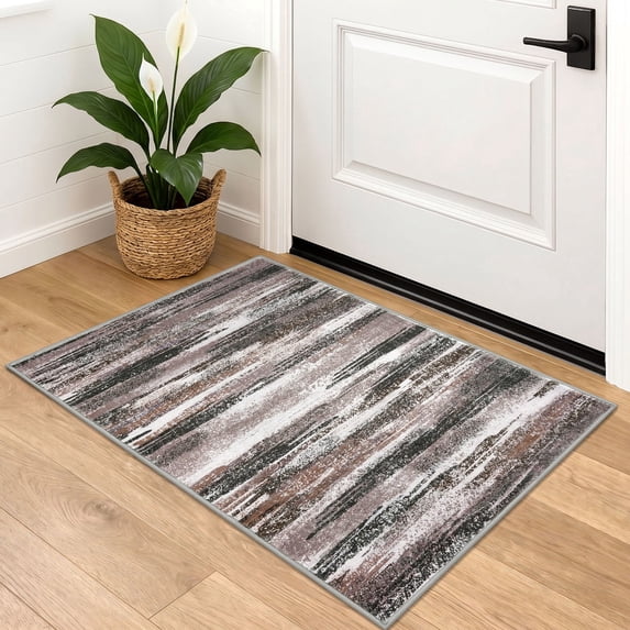 Brisasol Small Rug 2x3 Abstract Throw Rugs with Rubber Backing Washable Entryway Rug Indoor Mat for Foyer Kitchen Bedroom, Dark Light Brown White