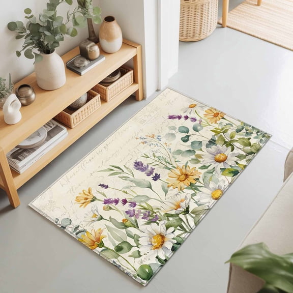 2x3 Spring Floral Small Area Rug for Entryway, Washable Non Slip Low Pile Soft Indoor Rug for Kitchen Bathroom Bedside, Green Leaves Daisy Flower Accent Rug