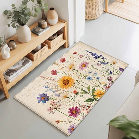 2x3 Spring Floral Small Area Rug for Entryway, Washable Non Slip Low Pile Soft Indoor Rug for Kitchen Bathroom Bedside, Vintage Pastoral Rustic Botanical Flowers Accent Rug