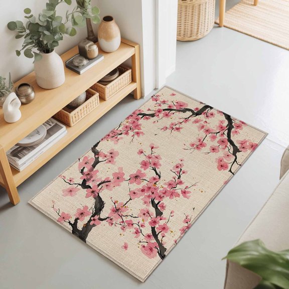 2x3 Spring Vintage Floral Small Area Rug for Entryway, Washable Non Slip Low Pile Soft Indoor Rug for Kitchen Bathroom Bedside, Branches Chinese Style Accent Rug