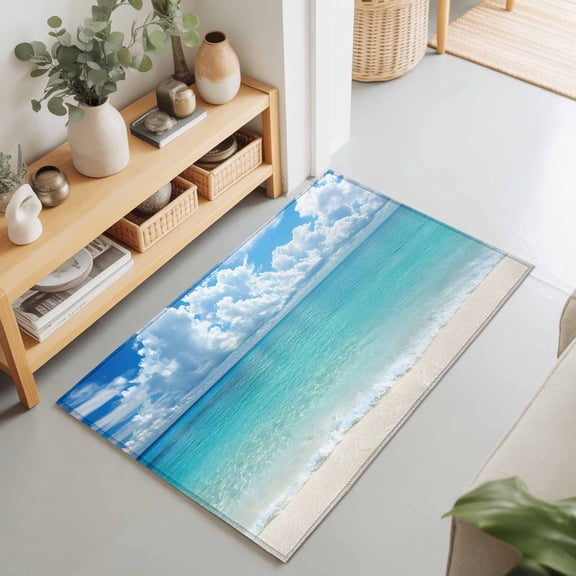 2x3 Summer Beach Waves Small Area Rug for Entryway, Washable Non Slip Low Pile Soft Indoor Rug for Kitchen Bathroom Bedside, Sky Cloud Accent Rug