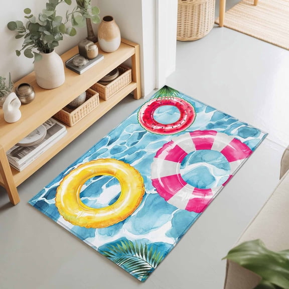 2x3 Summer Pool Small Area Rug for Entryway, Washable Non Slip Low Pile Soft Indoor Rug for Kitchen Bathroom Bedside, Swimming Ring Palm Leaves Accent Rug