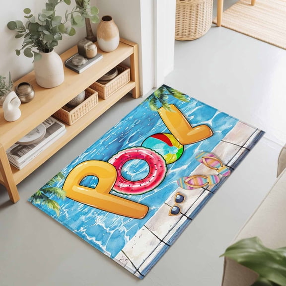 2x3 Summer Pool Small Area Rug for Entryway, Washable Non Slip Low Pile Soft Indoor Rug for Kitchen Bathroom Bedside, Flip Flops Palm Tree Accent Rug