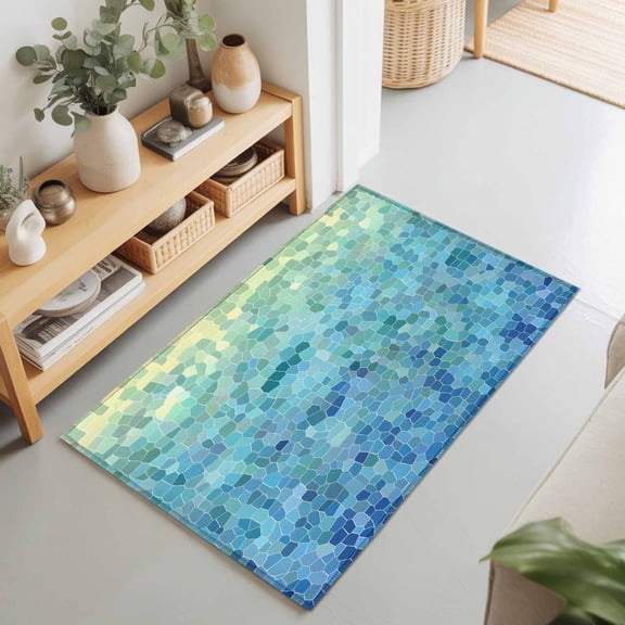 2x3 Teal Blue Glass Shard Small Area Rug for Entryway, Washable Non Slip Low Pile Soft Indoor Rug for Kitchen Bathroom Bedside, Abstract Art Ombre Accent Rug