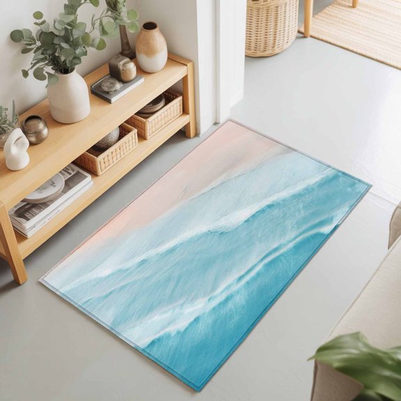 2x3 Teal Blue Ocean Waves Small Area Rug for Entryway, Washable Non Slip Low Pile Soft Indoor Rug for Kitchen Bathroom Bedside, Ombre Beach Accent Rug
