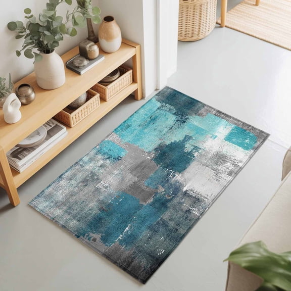 2x3 Teal Gray Block Small Area Rug for Entryway, Washable Non Slip Low Pile Soft Indoor Rug for Kitchen Bathroom Bedside, Abstract Art Accent Rug