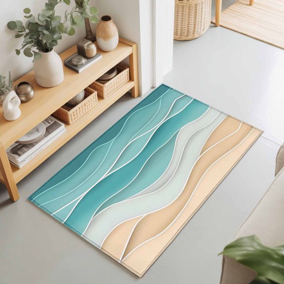 2x3 Teal Green Beach Waves Small Area Rug for Entryway, Washable Non Slip Low Pile Soft Indoor Rug for Kitchen Bathroom Bedside, Abstract Lines Accent Rug