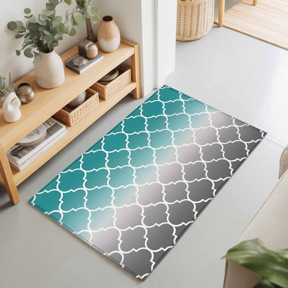 2x3 Teal Green and Gray Ombre Gradient Small Area Rug for Entryway, Washable Non Slip Low Pile Soft Indoor Rug for Kitchen Bathroom Bedside, Morocco Pattern Accent Rug