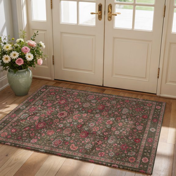 2x3 Throw Rug for Kitchen Central Floral Arabesque Washable Non-Slip Rug Rustic Red Botanical Vines Border Frame Indoor Doormat for Bedroom Entryway Bathroom Home Office