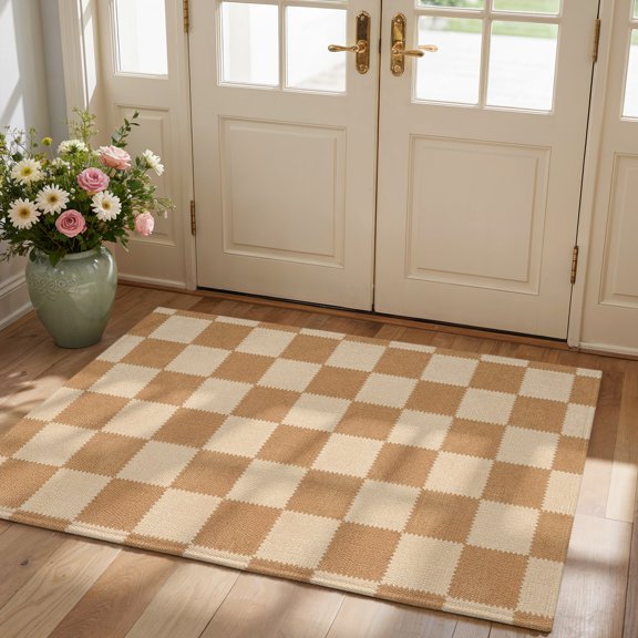 2x3 Throw Rug for Kitchen Square Checks Washable Non-Slip Rug Vintage Minimalist Tan Beige Blocks Gingham Indoor Doormat for Bedroom Entryway Bathroom Home Office