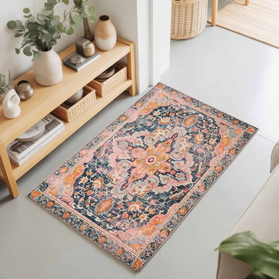 2x3 Vintage Ethnic Style Orange Floral Small Area Rug for Entryway, Washable Non Slip Low Pile Soft Indoor Rug for Kitchen Bathroom Bedside, Medieval Turkish Texture Accent Rug