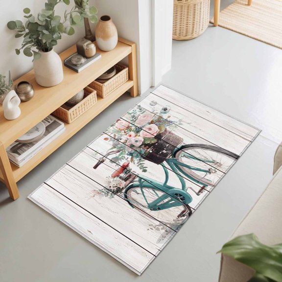 2x3 Vintage Style Small Area Rug for Entryway, Washable Non Slip Low Pile Soft Indoor Rug for Kitchen Bathroom Bedside, Pastoral Bike with Flower Wood Grain Watercolor Accent Rug