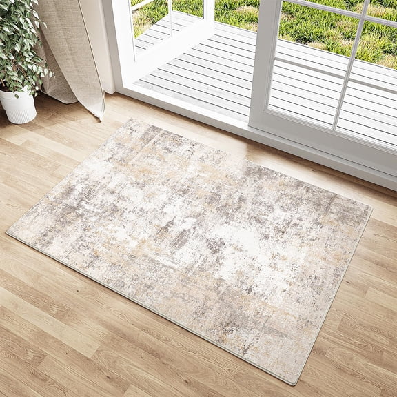 2x3 Washable Area Rug Beige Grey Abstract Non Slip Soft Low Pile Small For Entryway Kitchen Bathroom Neutral Modern Throw Carpet Living Room Bedroom Home Decor