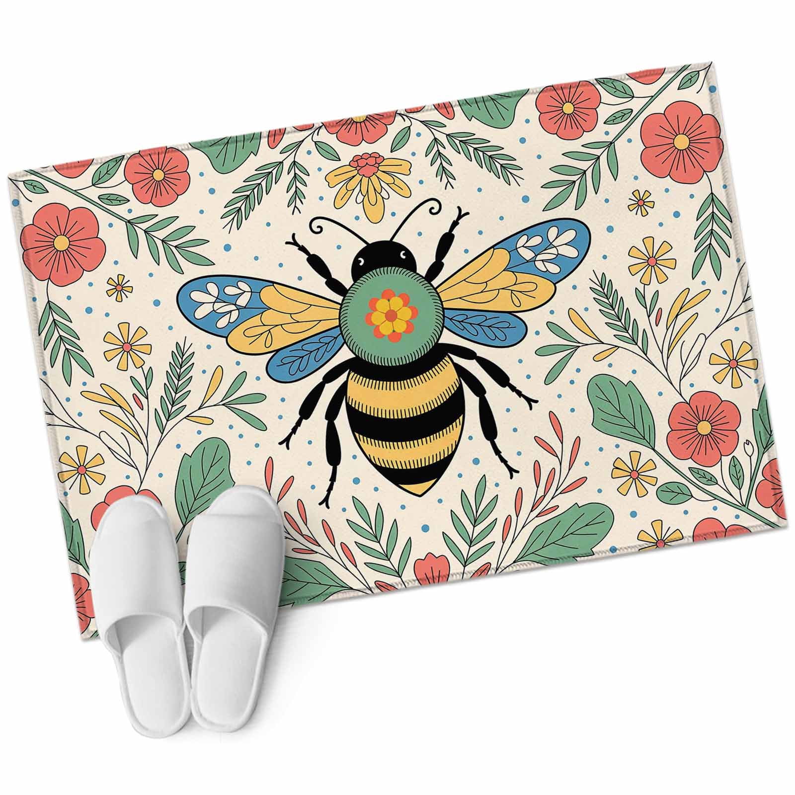 Bee Rug Green 2x3 Washable Area Rugs,Bumble Bee Flower Leaves Non-Slip Soft Rug ...