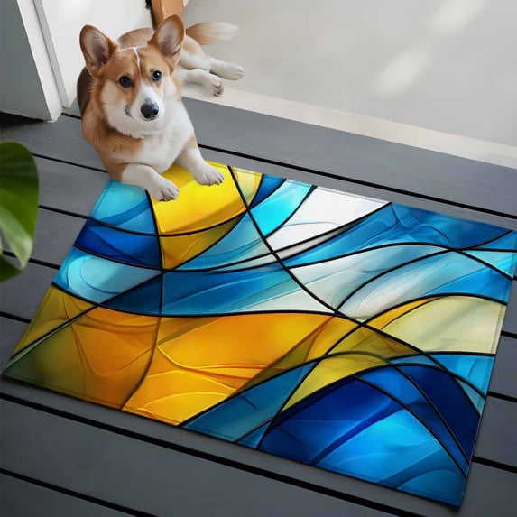 2x3 Washable Entryway Rug, Abstract Art Non-Slip Area Rug for Front Door Kitchen Bathroom, Blue Yellow Gradient Wavy Lines Geometric Modern Indoor Floor Mat for Home Decor