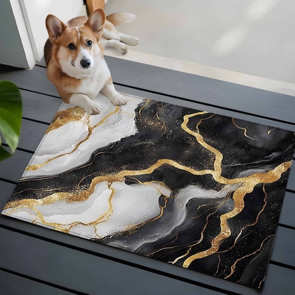 2x3 Washable Entryway Rug, Abstract Marble Non-Slip Area Rug for Front Door Kitchen Bathroom, Gold Texture Simple Black White Modern Indoor Floor Mat for Home Decor