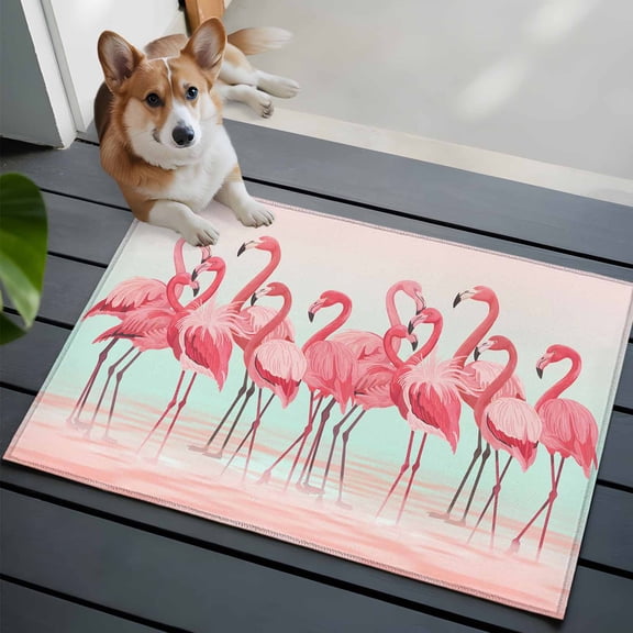 2x3 Washable Entryway Rug, Animal Pink Flamingo Non-Slip Area Rug for Front Door Kitchen Bathroom, Art Deco Pink Ripples Gradient Indoor Floor Mat for Home Decor