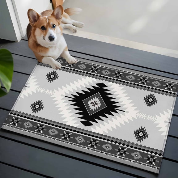 2x3 Washable Entryway Rug, Aztec Southwestern Non-Slip Area Rug for Front Door Kitchen Bathroom, Ethnic Tribal Style Geometric Black Grey Indoor Floor Mat for Home Decor