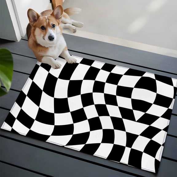 2x3 Washable Entryway Rug, Black White Grid Non-Slip Area Rug for Front Door Kitchen Bathroom, Deformed Color Block Indoor Floor Mat for Home Decor
